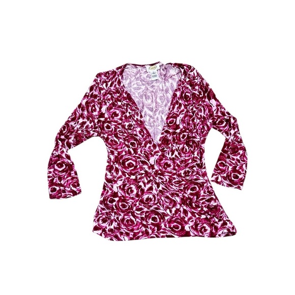 Talbots Pink Floral roses faux Wrap jersey knit v neck long sleeve top medium - Picture 2 of 8